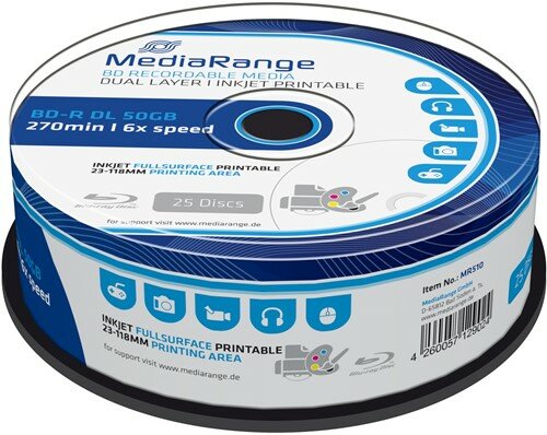  MediaRange BD-R DL printable 50 GB 6x speed in cakebox 25 stuks 